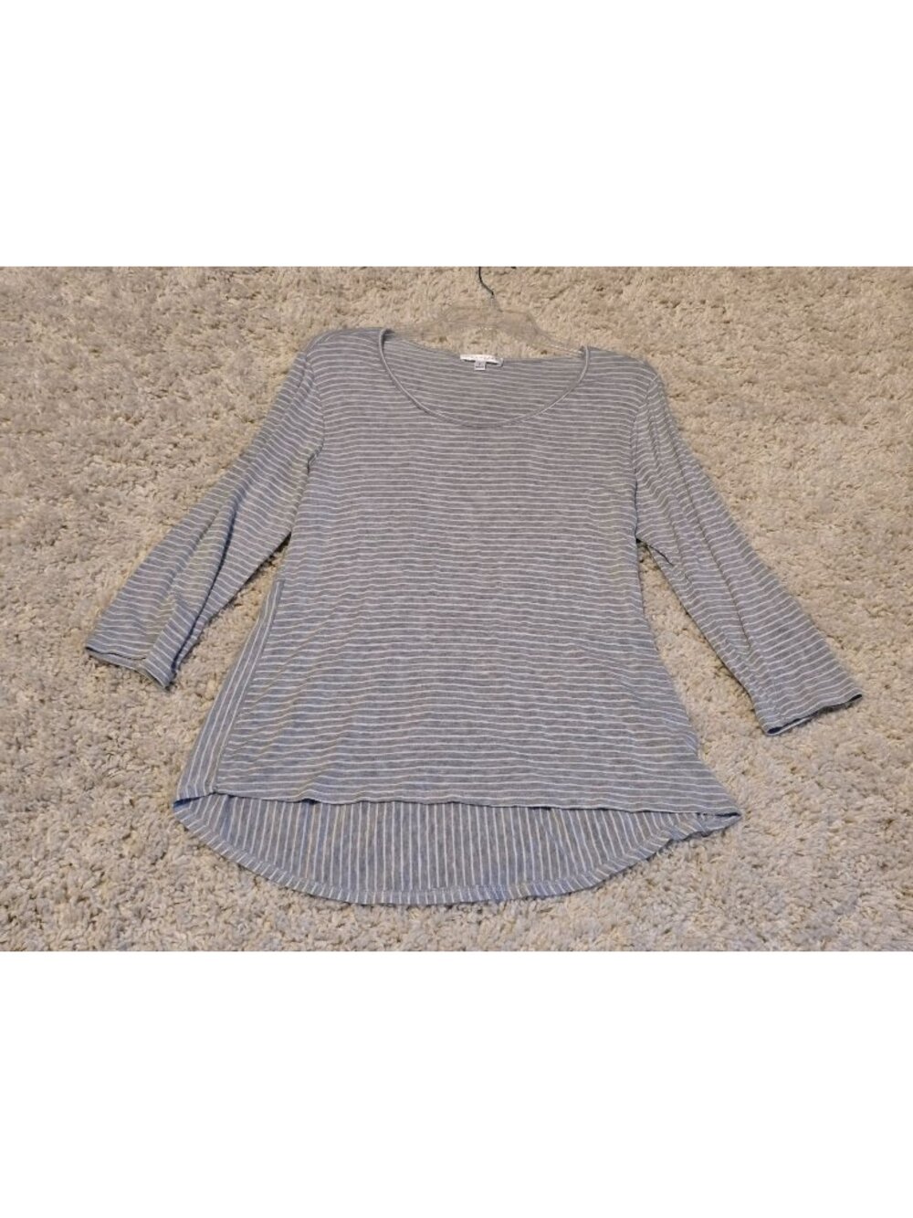 Downeast Women's Large Gray White Striped Peplum Tunic Top 3/4 Sleeve Made USA